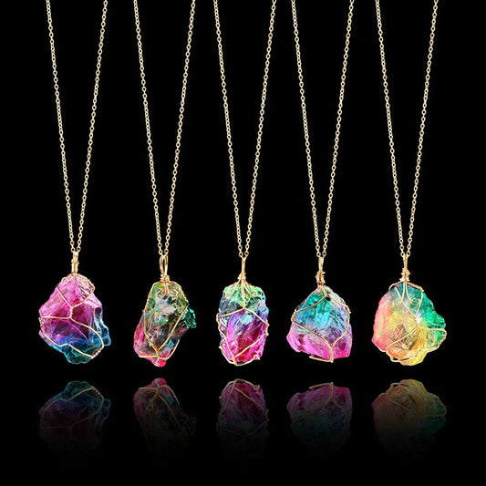 Rainbow Stone Chakra Rock Necklace Golden Plated Quartz Pendant